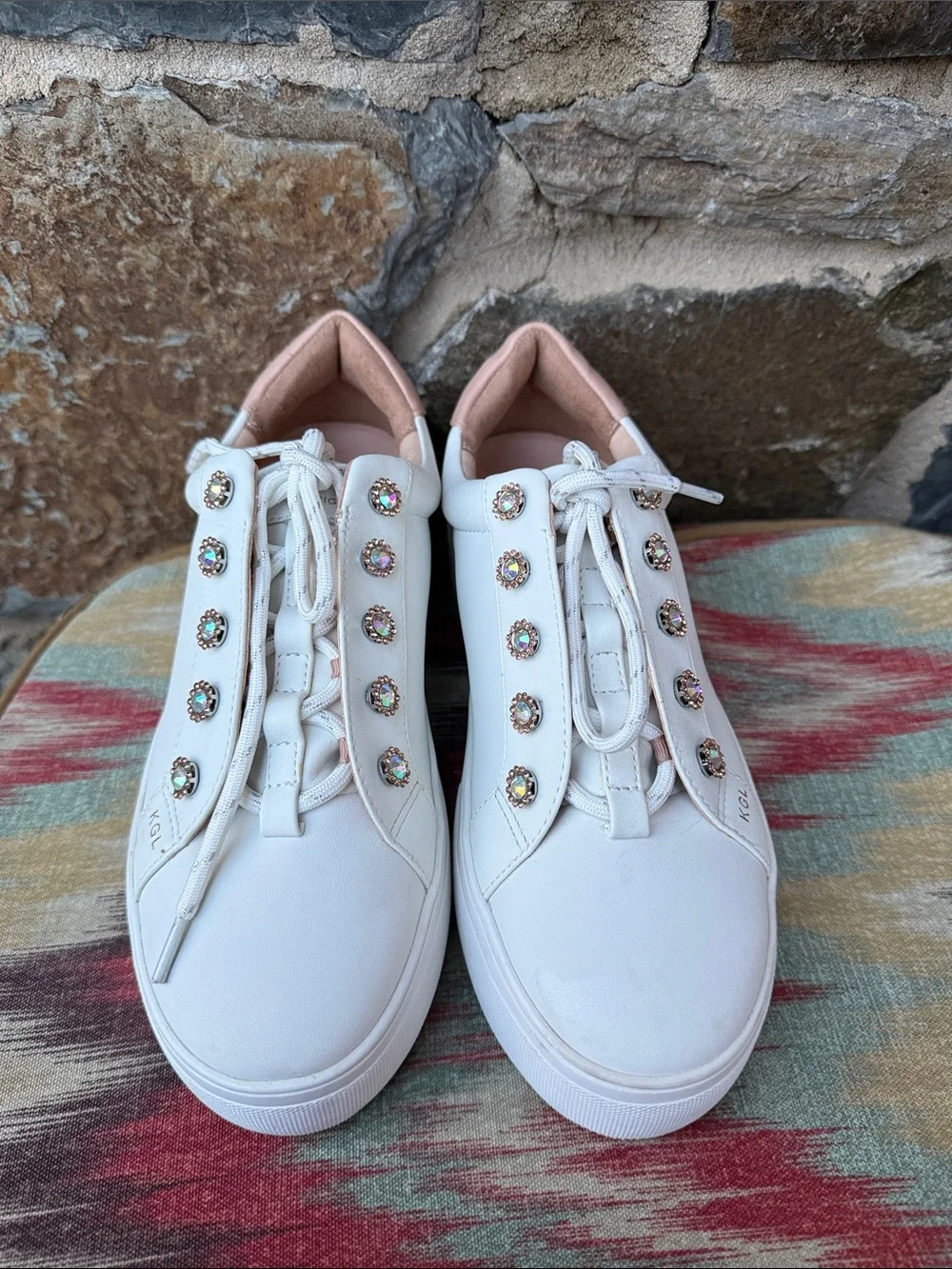 Kurt Geiger London Designer white rhinestone Leather sneakers Women size 38.5
